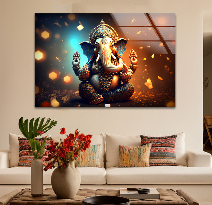 Golden Lord Ganesha Wall Art – Spiritual Glass Print for Sacred Decor