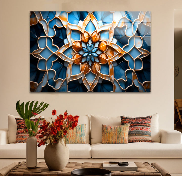 Blue & Amber Geometric Wall Art – Islamic Mandala Glass Print for Modern Interiors