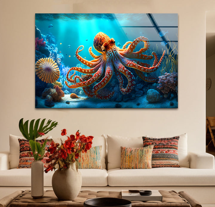 Octopus Underwater Wall Art – Vibrant Coral Reef Ocean Scene Glass Print
