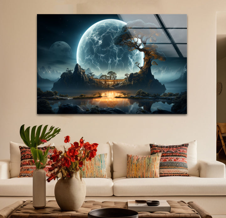 Moonlit Zen Temple Wall Art – Futuristic Landscape Glass Print