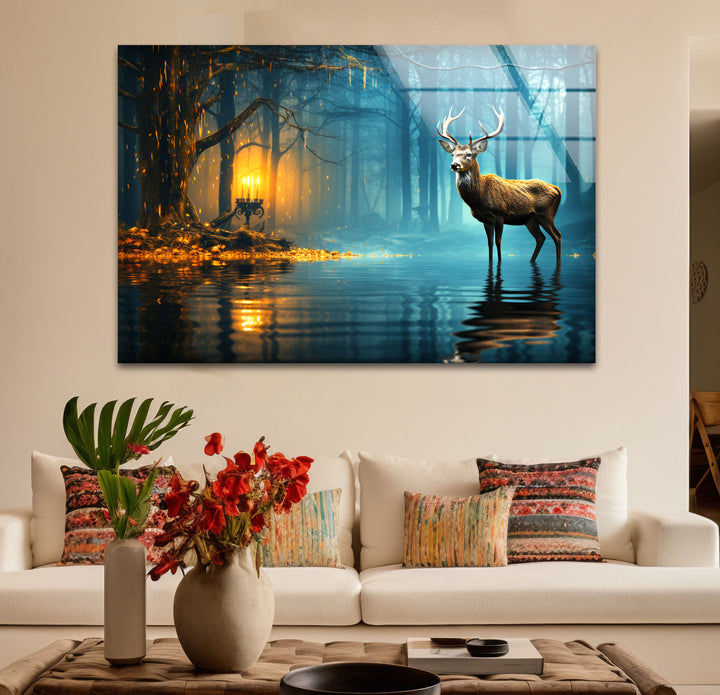 Mystische Wald Hirsch Wandkunst – Verzauberte Natur Glasdruck Dekor