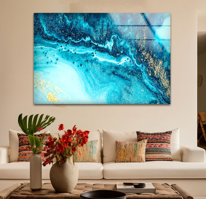 Blue and Gold Abstract Wall Art – Ocean-Inspired Glass Print Design