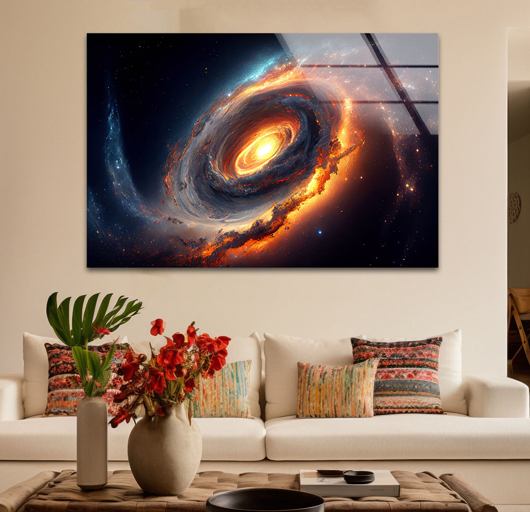 Feurige Galaxie-Spiralwandkunst – Glasdruck mit Weltraumnebel 
