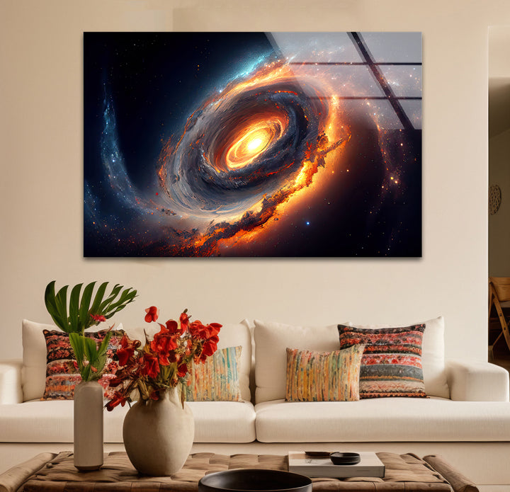 Feurige Galaxie-Spiralwandkunst – Glasdruck mit Weltraumnebel 