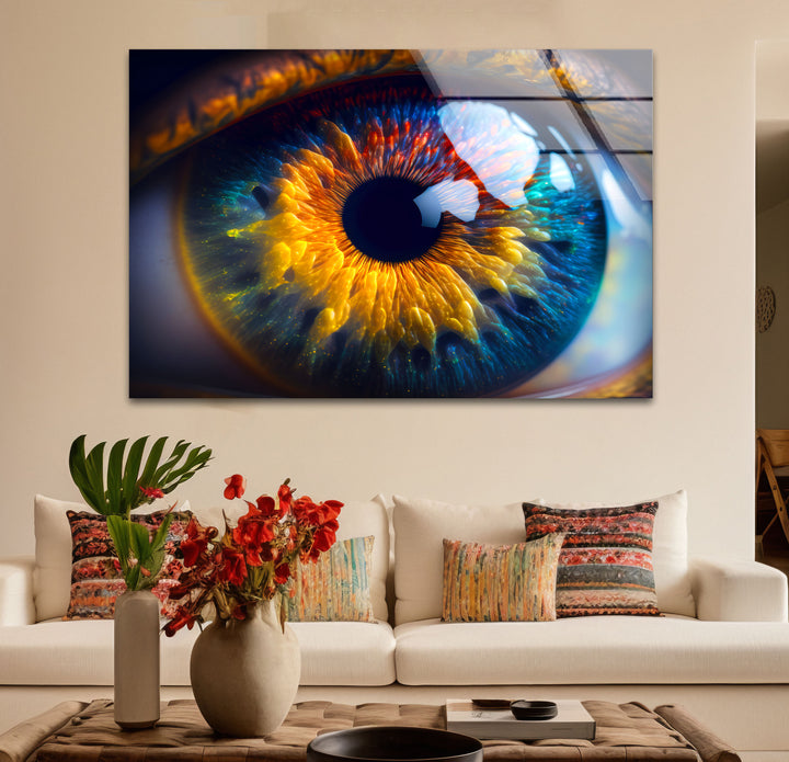 Feurige abstrakte Augen-Wandkunst – Lebendiges Iris-Glasdruck-Design