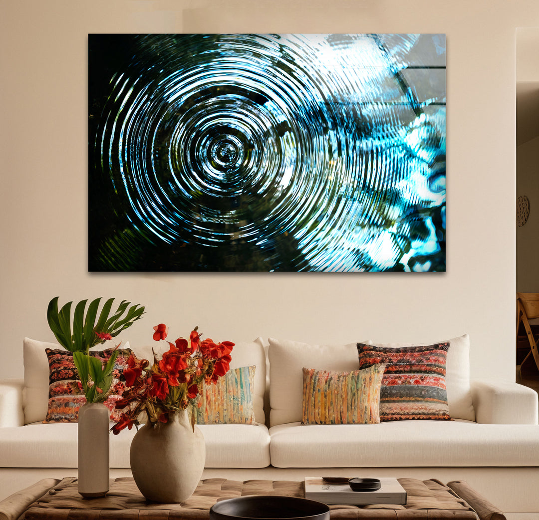 Water Ripple Abstract Wall Art – Blue Circular Wave Glass Print Design