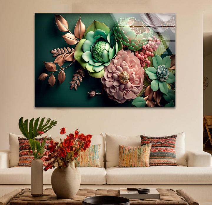 Grüne botanische Wandkunst – 3D-Blumendruck auf Glas mit goldenen und rötlichen Akzenten