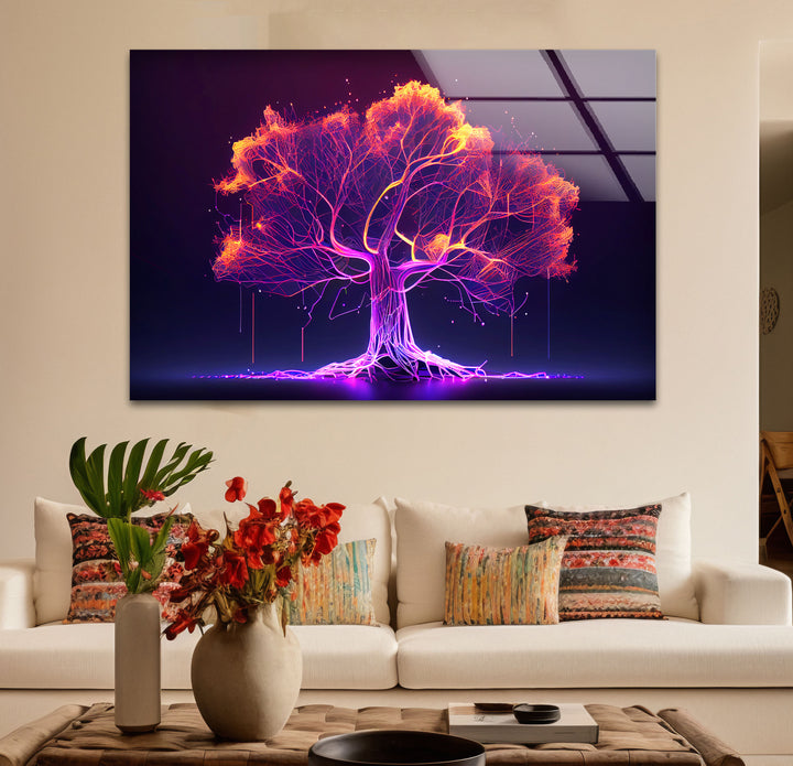 Neon Digital Tree Wandkunst – Futuristischer leuchtender Lichtnetzwerk-Glasdruck