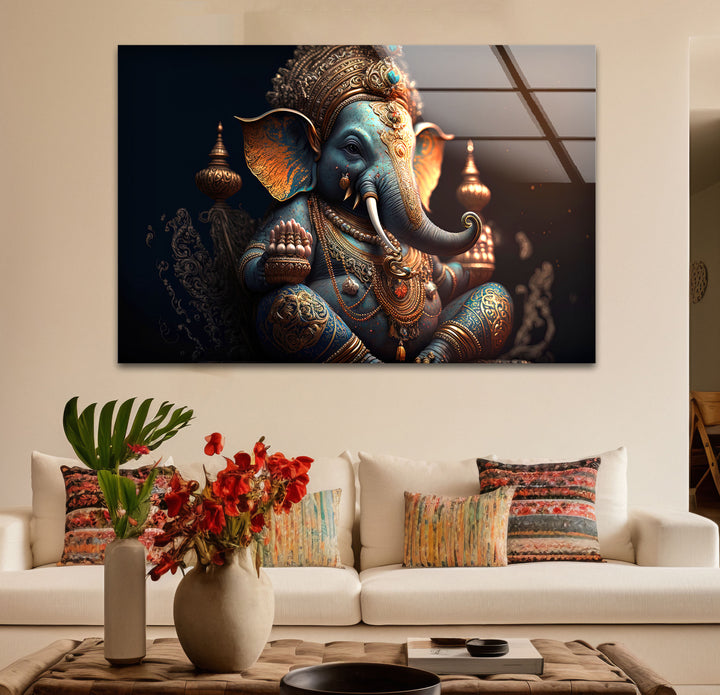 Royal Ganesha Wall Art – Luxurious Hindu Deity Glass Print Décor