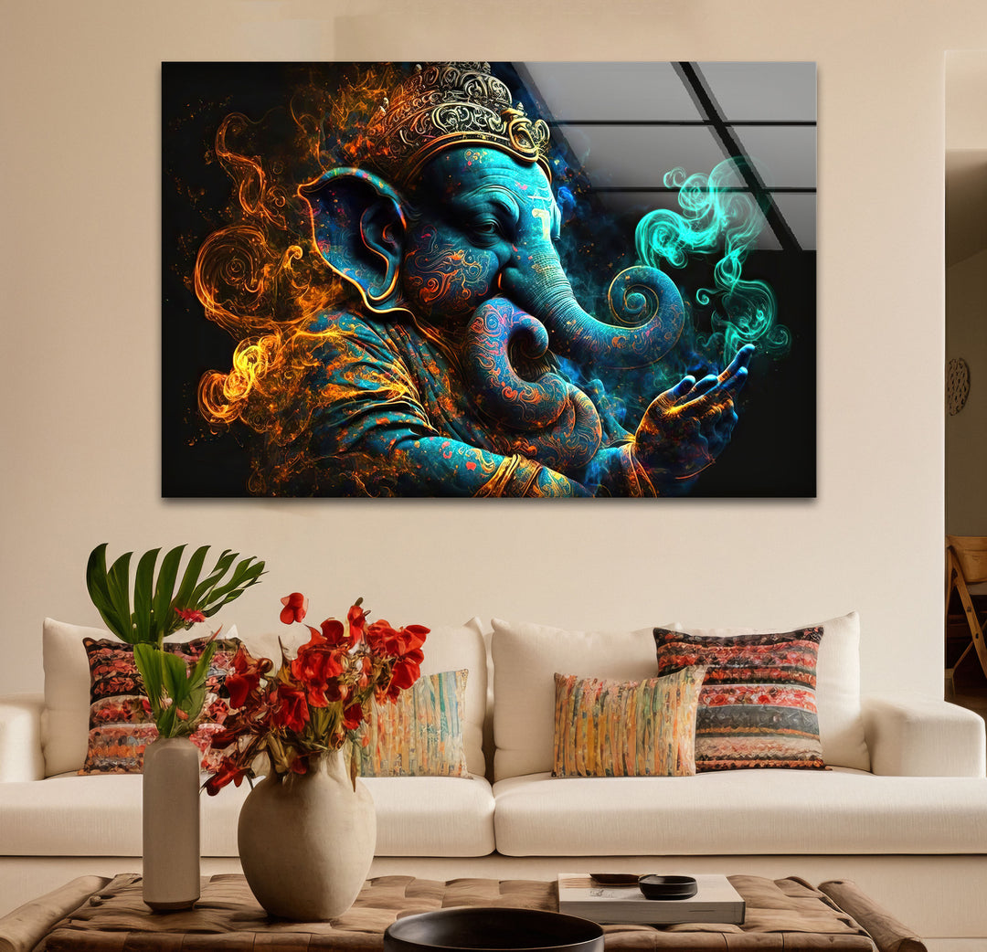 Spiritual Ganesha Wall Art – Vibrant Hindu Deity Glass Print Decor