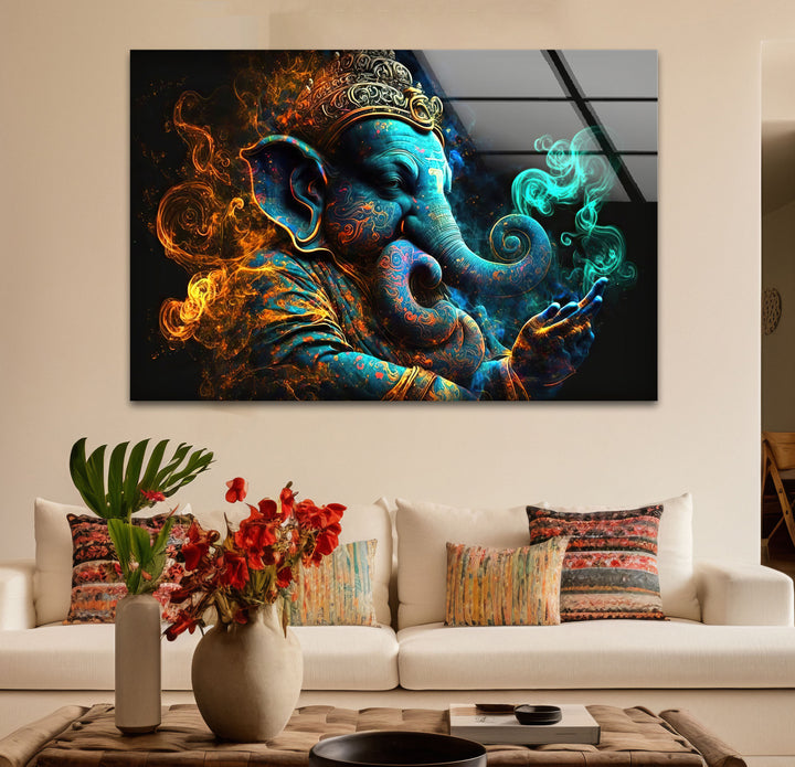 Spiritual Ganesha Wall Art – Vibrant Hindu Deity Glass Print Decor
