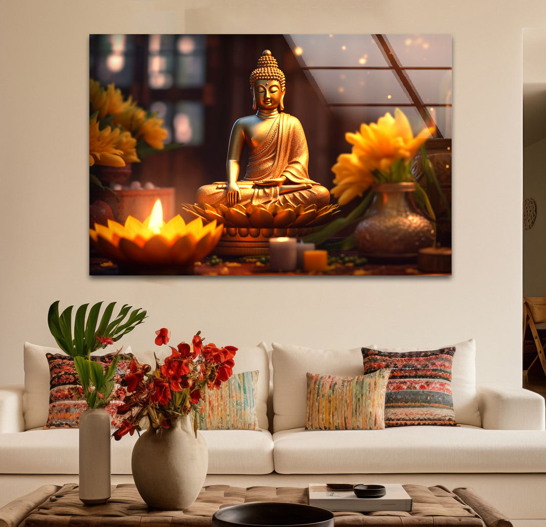 Golden Buddha Serenity Wall Art – Peaceful Candlelit Meditation Glass Print