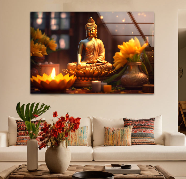 Golden Buddha Serenity Wall Art – Peaceful Candlelit Meditation Glass Print