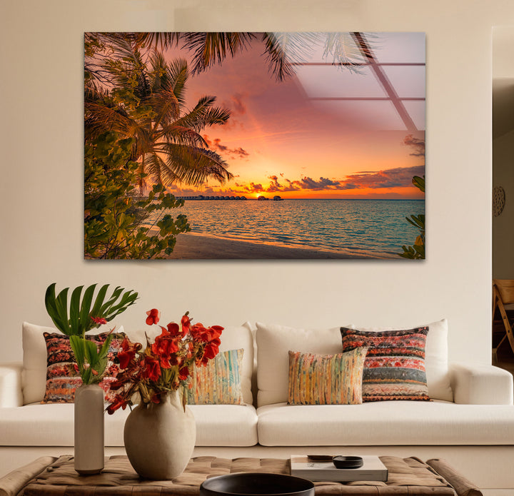 Tropical Sunset Beach Wall Art – Palm Tree Ocean View Glass Print