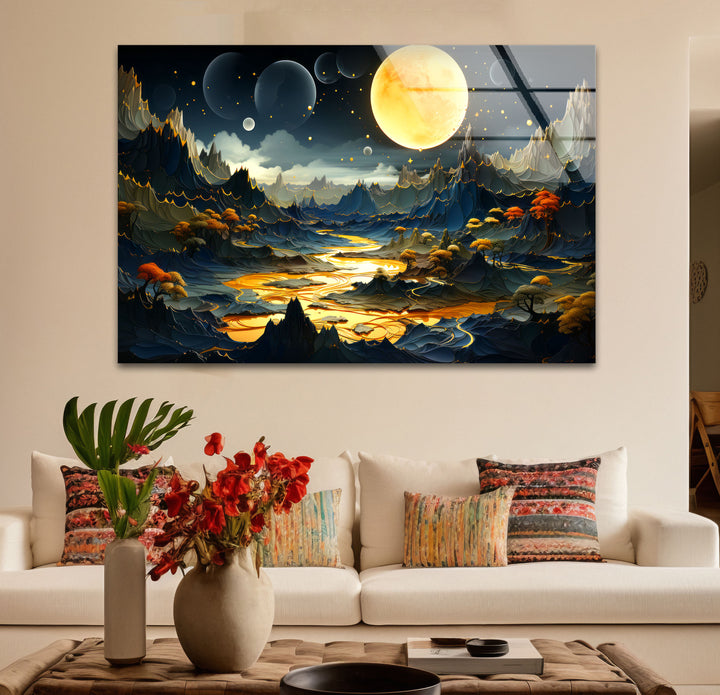 Fantasy Moonlit Landscape Wall Art – Surreal Glass Print with Golden River