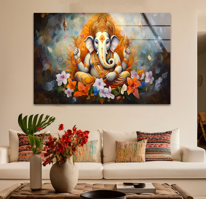 Sacred Ganesha Wall Art – Divine Floral Hindu Decor Glass Print