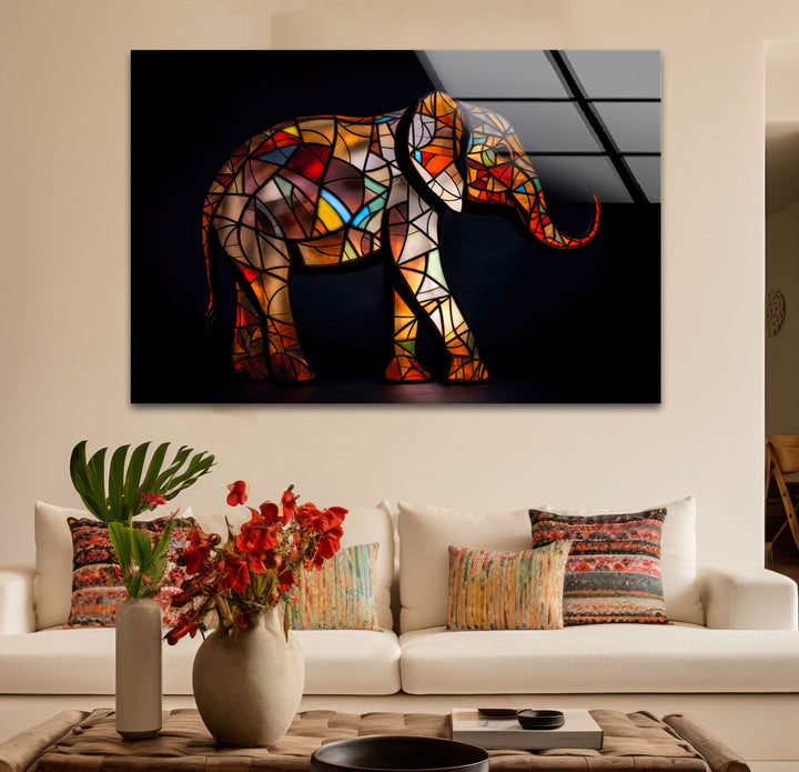 Stained Glass Elephant Wall Art – Colorful Animal Glass Print for Modern Decor