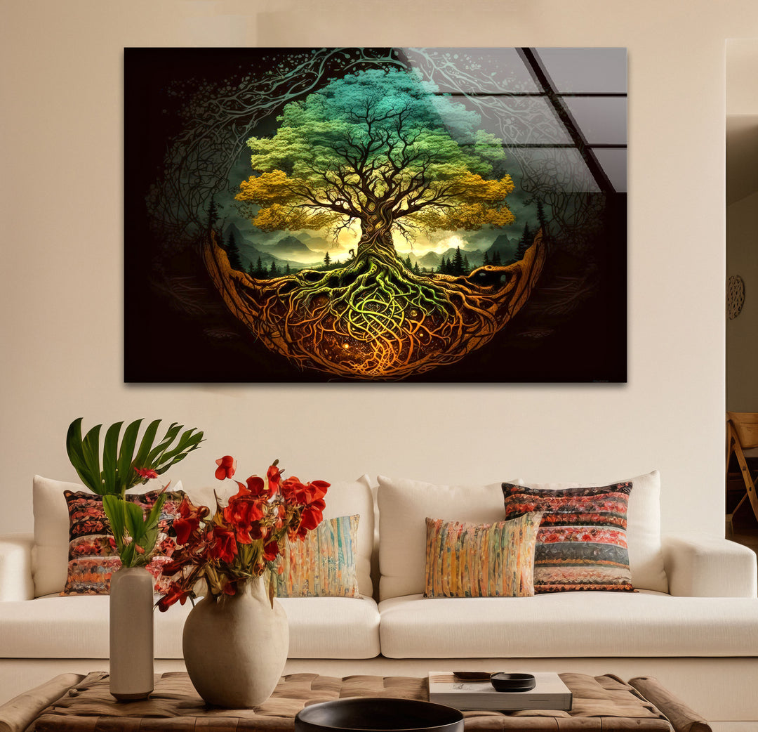Wandkunst „Baum des Lebens“ – Lebendige Wurzeln und Waldenergie-Glasdruckdesign