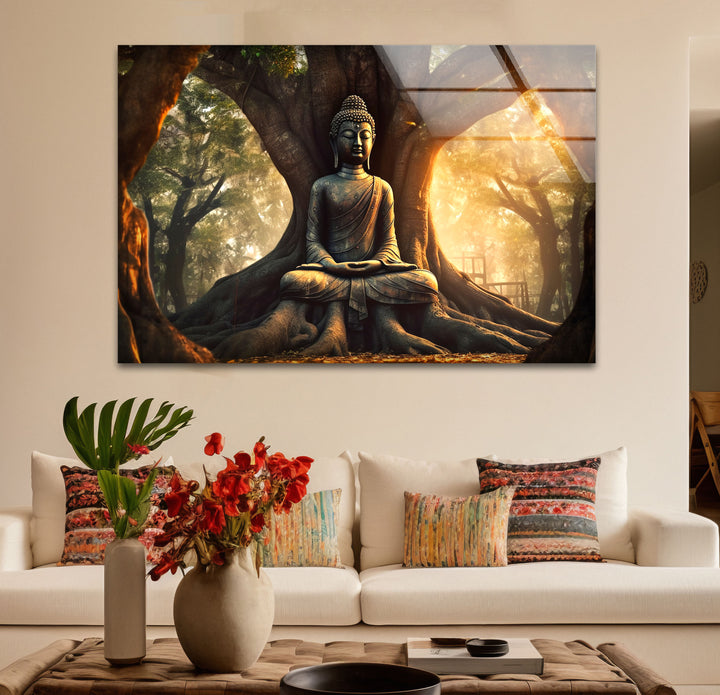 Buddha Under Tree Wall Art – Tranquil Sunrise Meditation Glass Print