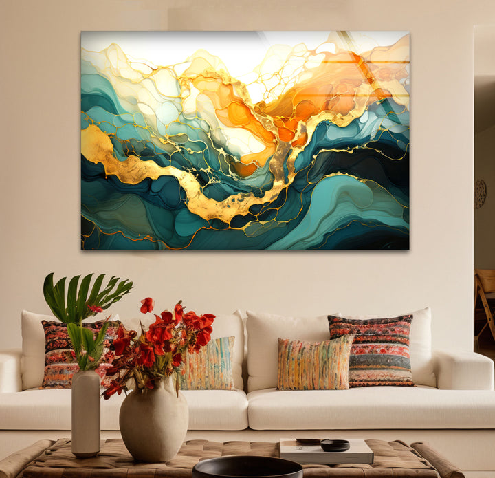Golden Horizon Abstract Wall Art – Emerald & Gold Tempered Glass Print