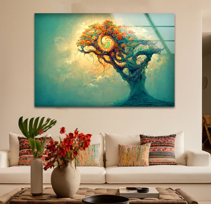 Spiralbaum-Wandkunst – Mystisches Fantasy-Lebensbaum-Glasdruck-Design