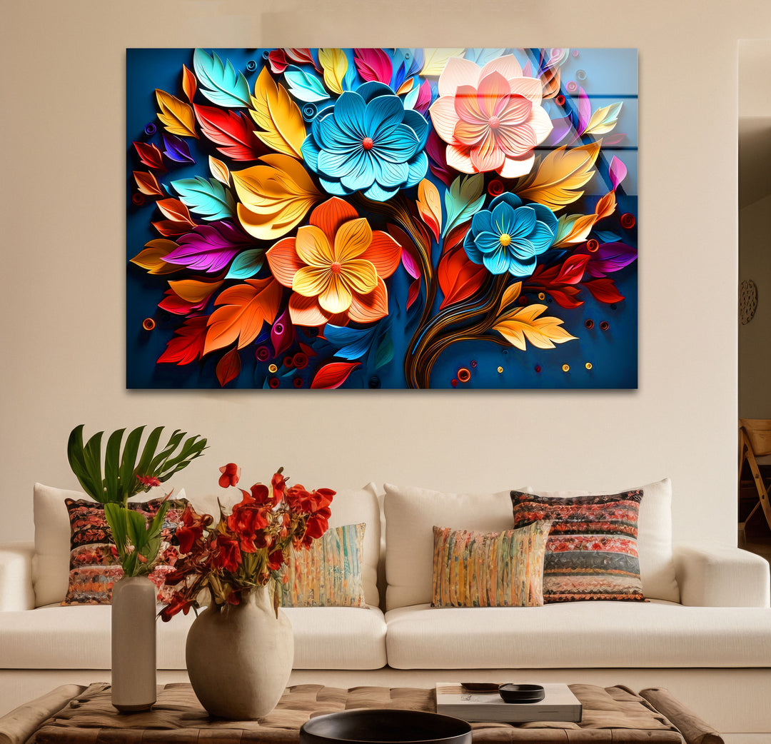 Lebendige florale Explosions-Wandkunst – Buntes Blumendesign aus gehärtetem Glas