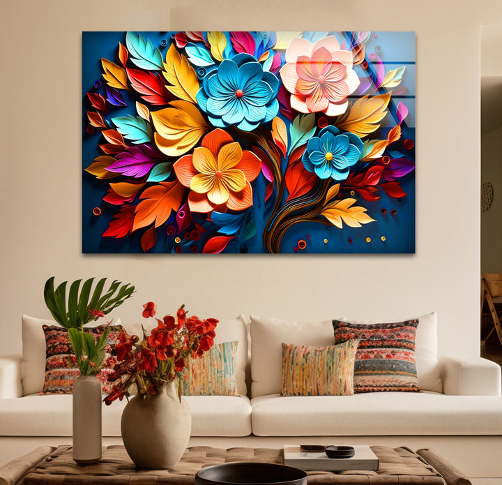 Lebendige florale Explosions-Wandkunst – Buntes Blumendesign aus gehärtetem Glas