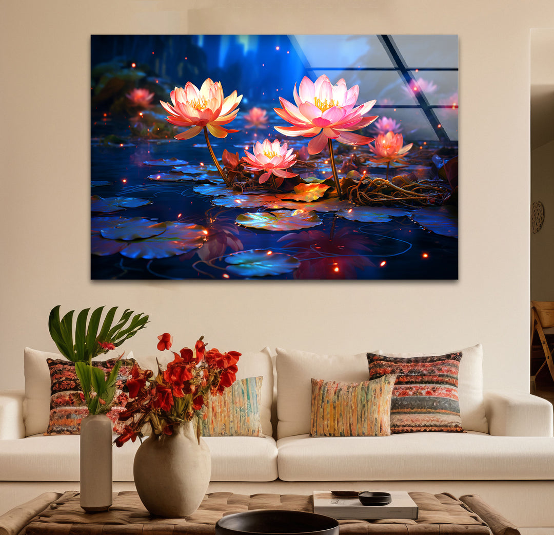 Enchanted Lotus Bloom Wall Art – Tranquil Water Lily Glass Print