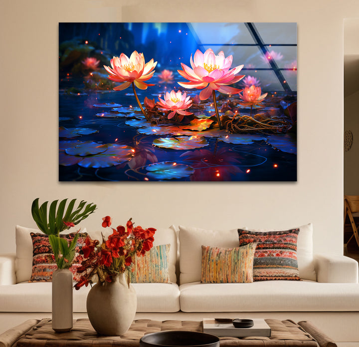Enchanted Lotus Bloom Wall Art – Tranquil Water Lily Glass Print
