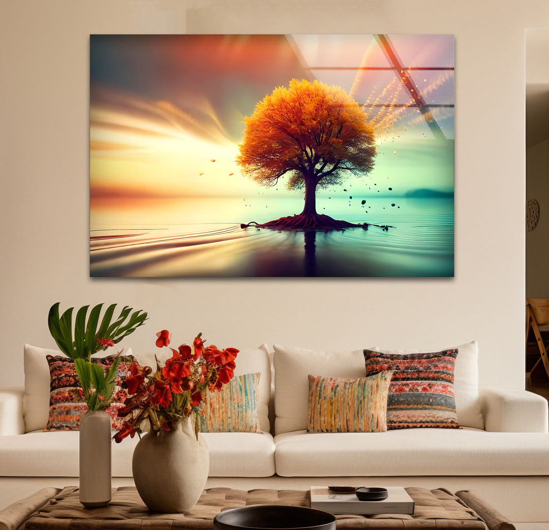 Schwebende Herbstbaum-Wandkunst – Ruhiges Landschafts-Glasdruck-Design