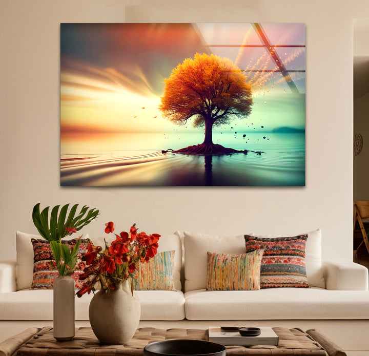 Schwebende Herbstbaum-Wandkunst – Ruhiges Landschafts-Glasdruck-Design