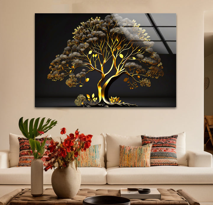Golden Tree Wandkunst – Luxuriöses Gold- und Schwarz-Natur-Glasdruckdesign