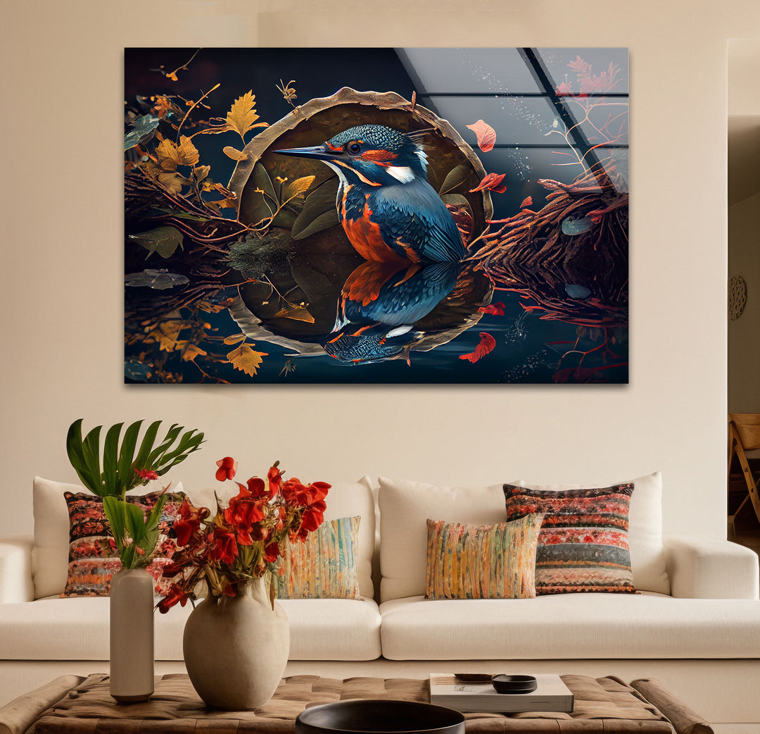 Eisvogel-Reflexion Wandkunst – Herbstwaldvogel-Glasdruck-Design