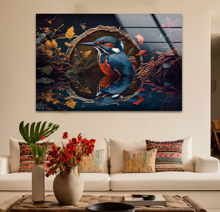 Eisvogel-Reflexion Wandkunst – Herbstwaldvogel-Glasdruck-Design