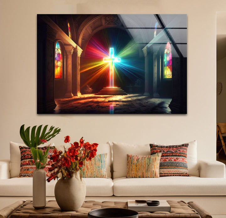 Radiant Cross Wall Art – Colorful Light Burst Christian Glass Print