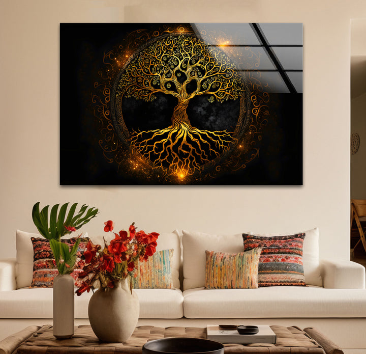 Wandkunst „Baum des Lebens“ – Leuchtendes goldenes Design mit Wurzeln und Zweigen auf Glas