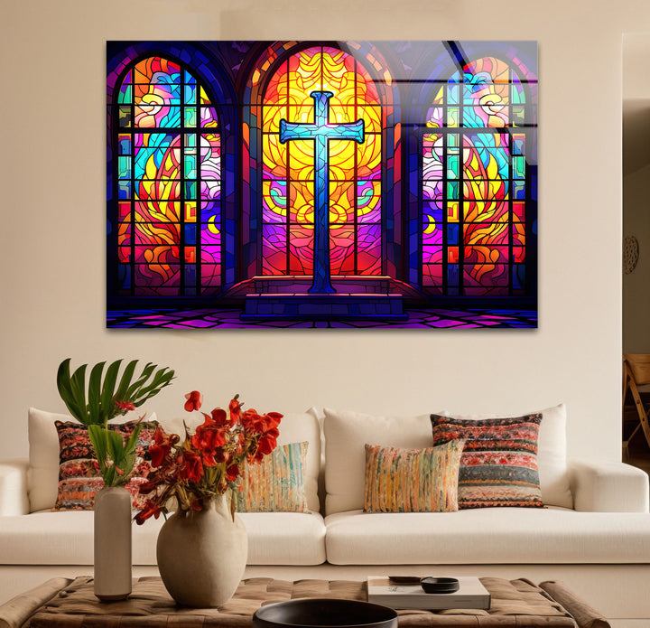 Stained Glass Church Cross Wall Art – Colorful Christian Glass Print Design