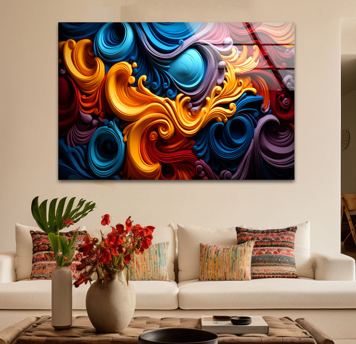 Vibrant Swirl Glass Wall Art – Bold Abstract Color Wave Design