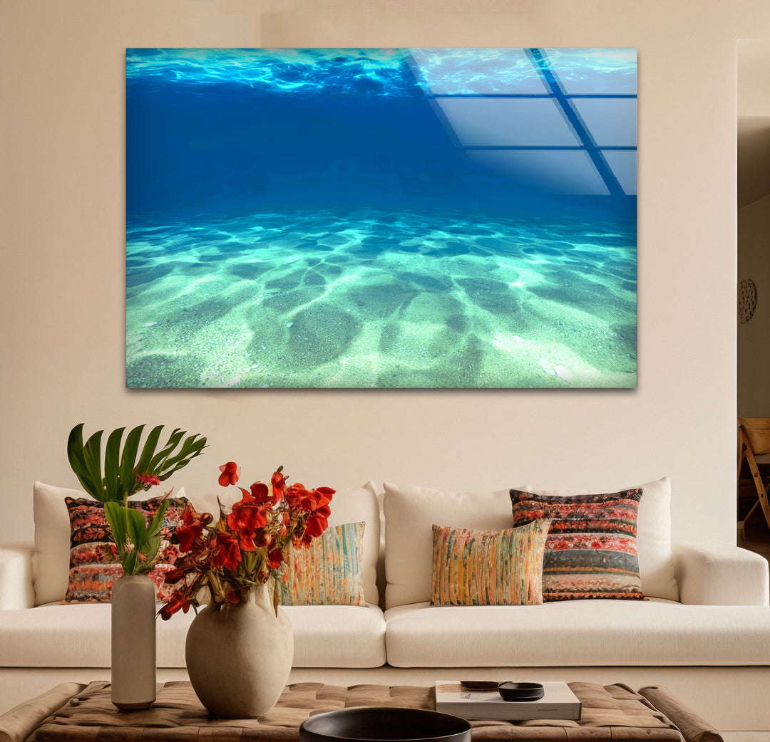 Underwater Ocean Floor Wall Art – Tranquil Blue Sea Glass Print Design