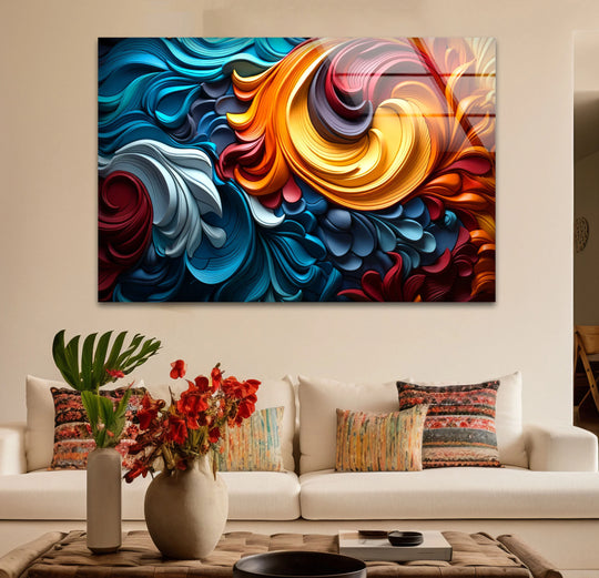 Abstract geometric elements in vibrant blues, oranges, and reds form a dynamic hanging wall art with a 3D texture.