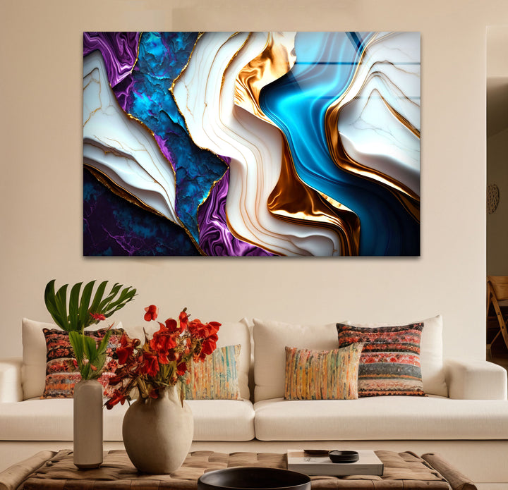 Colorful Marble Abstract Wall Art – Blue, Purple & Gold Glass Print Design
