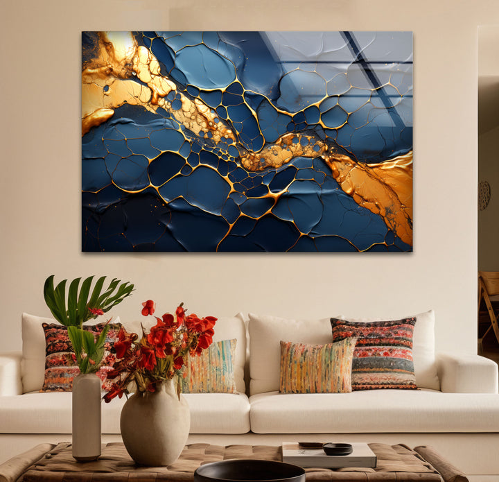 Dark Blue and Gold Abstract Wall Art – Cracked Fluid Glass Print Design