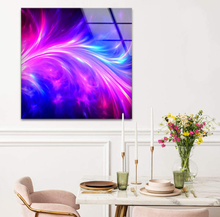 Wandkunst mit kosmischer Energie – Lebendiger abstrakter Glasdruck mit Neonwirbel 