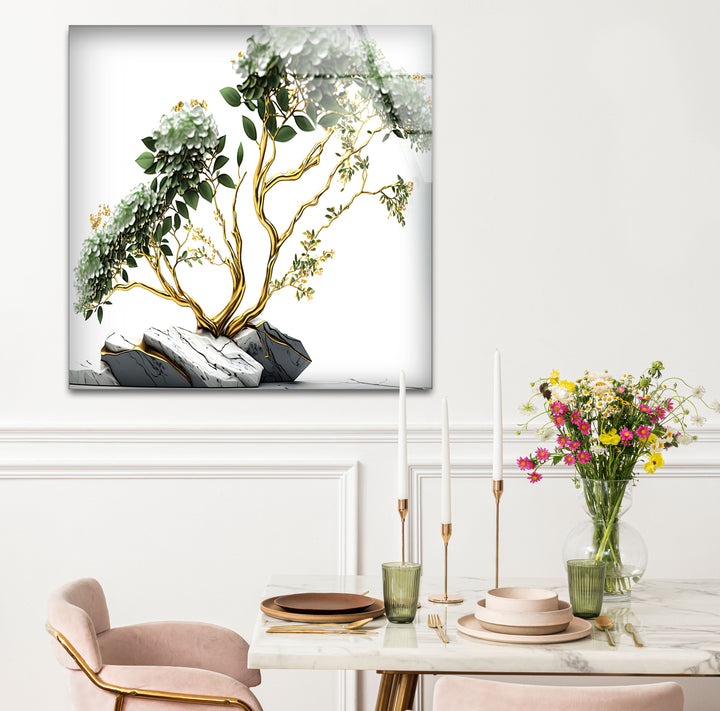 Goldene Bonsai-Baum-Wandkunst – Weißer Blumenglasdruck mit Marmorsteinen
