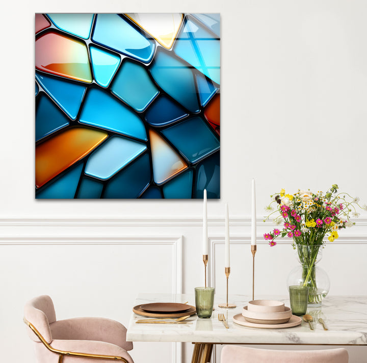 Moderne Wanddekoration aus Buntglas – Abstrakter Musterdruck in Blau und Rot 