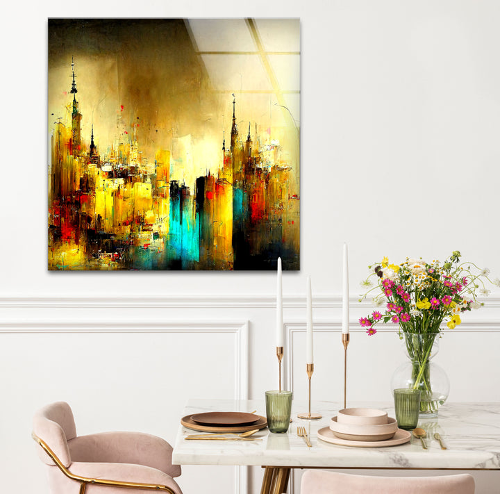 Abstract Cityscape Wall Art – Golden and Teal Urban Glass Print Design