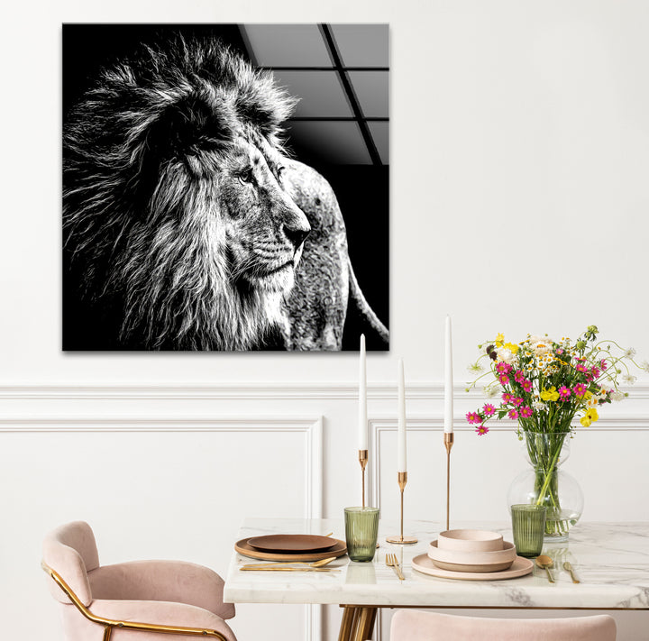Black and White Lion Wall Art – Majestic Wildlife Glass Print Design