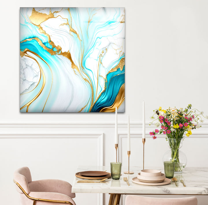 Wandkunst aus blauem und goldenem Marmor – Eleganter, fließender abstrakter Glasdruck