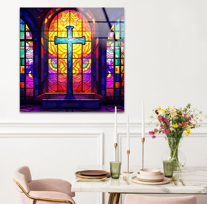 Stained Glass Church Cross Wall Art – Colorful Christian Glass Print Design