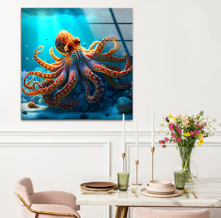 Octopus Underwater Wall Art – Vibrant Coral Reef Ocean Scene Glass Print